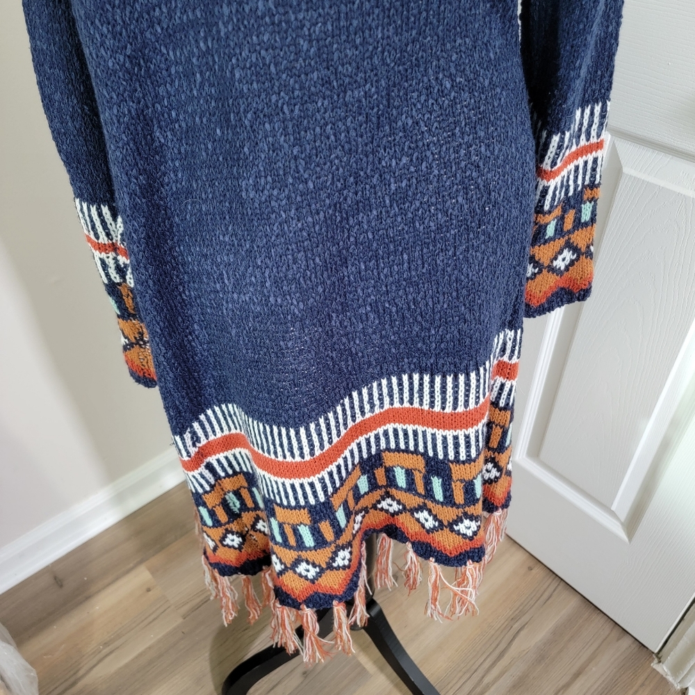 Tassel Hem Open Front Duster (Navy, Brick Red) Women's size Medium Pockets - Picture 13 of 15